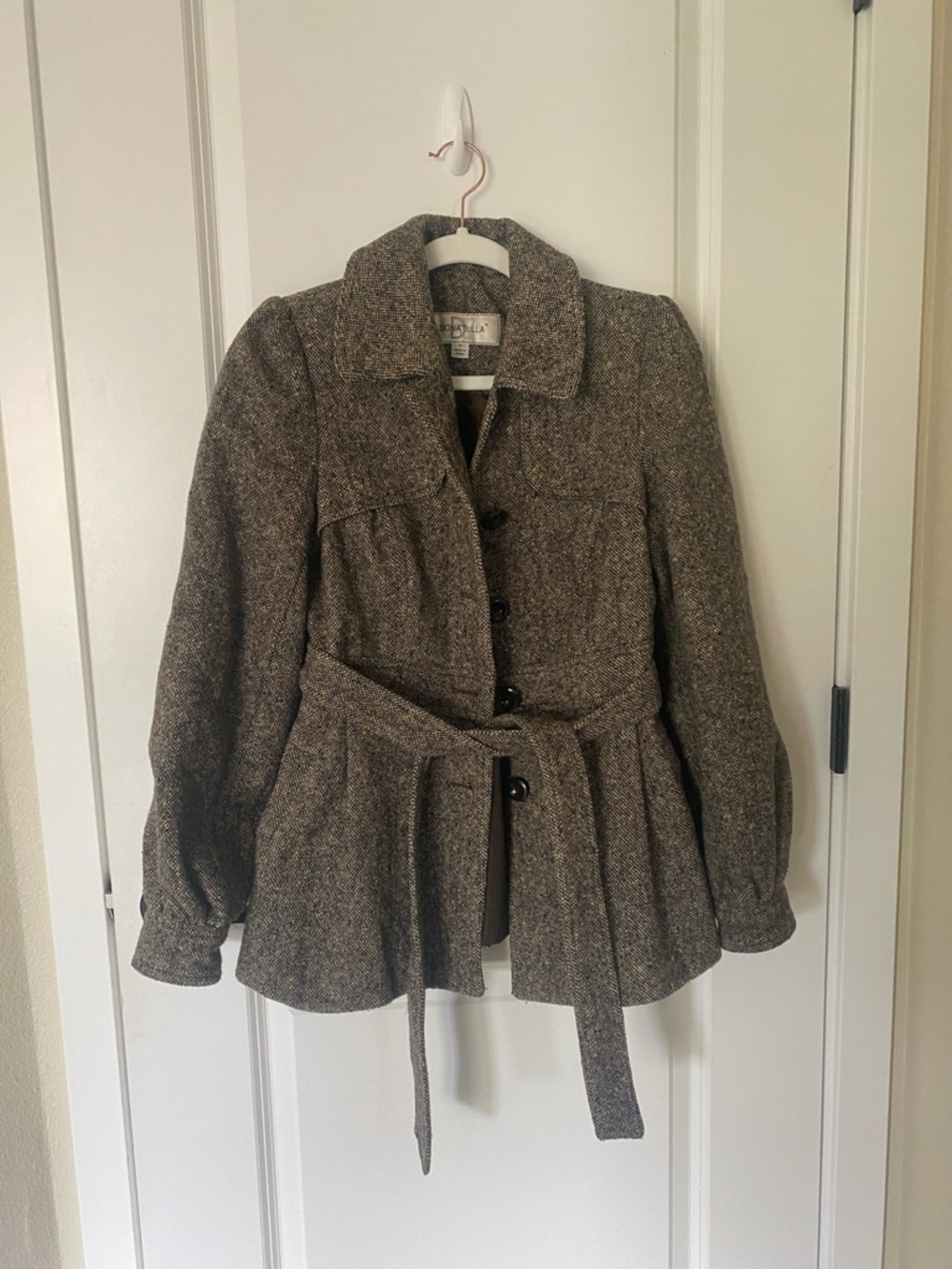 Womens Tweed Belted Peplum Coat - Brown